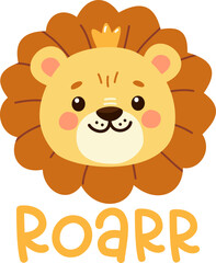 Children's vector print for clothes. Cute lion cub, Roar Lettering. Vector illustration