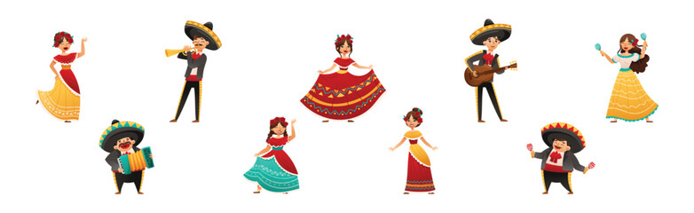 Mexican People Character Wearing Traditional Clothes Playing Musical Instrument and Dancing Vector Set