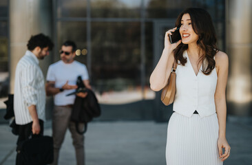 Smiling young woman talking on mobile phone with male colleagues conversing in the blurred...
