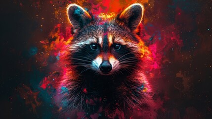 Fototapeta premium A tight shot of a raccoon's expressive face covered in red and blue paint splatters