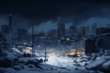 Bustling Snowy city night street. Town scene. Generate Ai