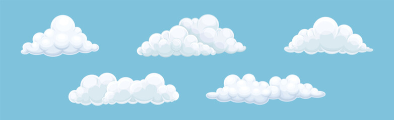 Fluffy Soft Cloud Isolated on Blue Background Vector Set