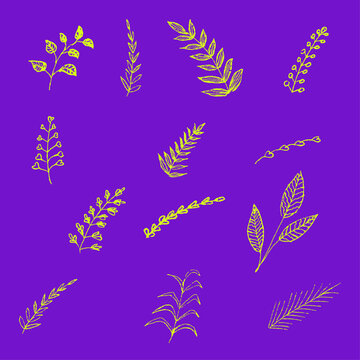 doodles twigs and yellow leaves on a purple background