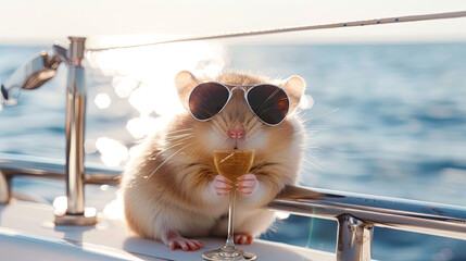 Adorable hamster, chic in shades, sips champagne on yacht - obrazy, fototapety, plakaty