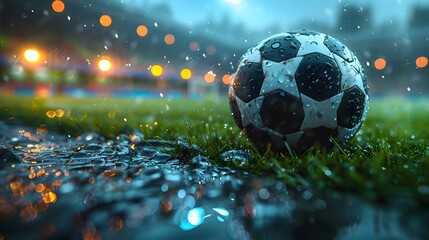 dynamic atmosphere of a match day with a football resting on the sleek black turf of a stadium, portrayed in high resolution cinematic photography against a midnight ebony background.