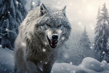 Resilient Wolf on snowy mountain massive. Wild arctic grey predator on frost hill edge. Generate ai