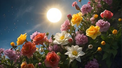  A photorealistic depiction of spring flowers viewed from a downward-upward angle, with a solar eclipse in the background, creating a dramatic and atmospheric scene.