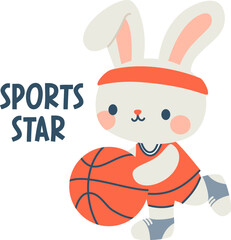 Cute hare in uniform playing basketball. Flat vector illustration in children's style on white background. Sports Star inscription . Vector illustration
