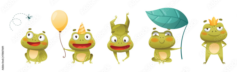 Poster funny green frog character engaged in different activity vector set