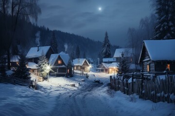 Hushed Snowy russian village street. Chalet cabin. Generate AI - obrazy, fototapety, plakaty