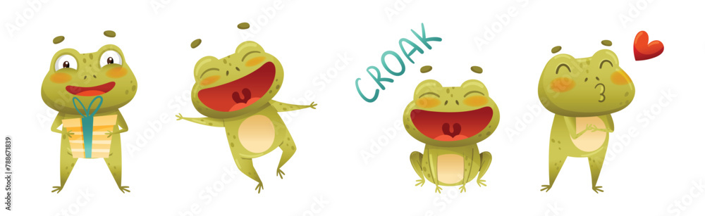 Poster funny green frog character engaged in different activity vector set