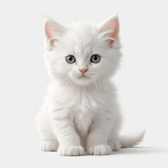Adorable white kitten with blue eyes, fluffy pet, isolated on a white background