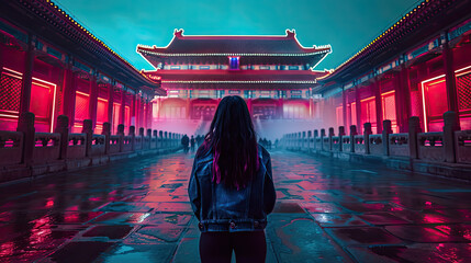 An Asian woman standing in front of ancient Chinese architecture, with neon style, grand monument, Forbidden City - obrazy, fototapety, plakaty