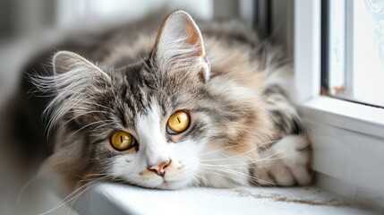 The fluffy cat lies on the windowsill and looks into the camera. A young cat with yellow eyes
