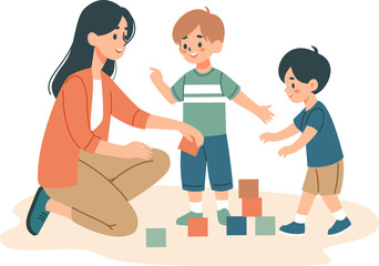 A mom playing dice with her children, a kindergarten teacher with her children. Flat vector illustration, white background . Vector illustration