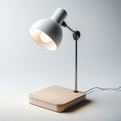 Modern desk lamp with wooden base, lighting design, isolated on a white background