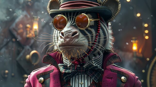   A tight shot of a tiger donning a top hat, goggles, steampunk glasses, and a bow tie