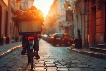 Delivery cyclist riding on city street at sunset