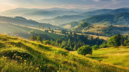 grassy meadow of carpathian mountains in summer. beautiful panoramic countryside landscape of ukraine with forested hills in morning light. road running in to the valley - obrazy, fototapety, plakaty