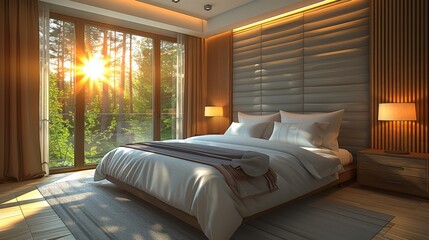   A bed faces a window; sunlight filters through the blinds, casting it beside