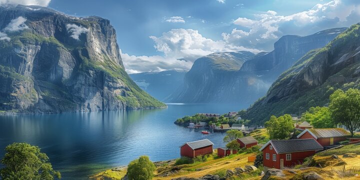 a landscape of Geirangerfjord with mountains and a village