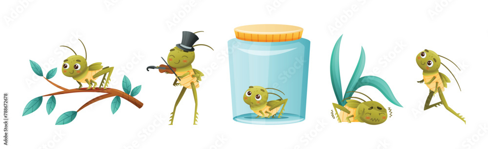 Poster cute little grasshopper engaged in various activity vector set