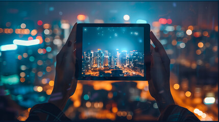 person photographs the night cityscape on a tablet