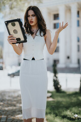 Fototapeta premium Fashionable young businesswoman with a confused expression holding a tablet on a city street, embodying modern work life.
