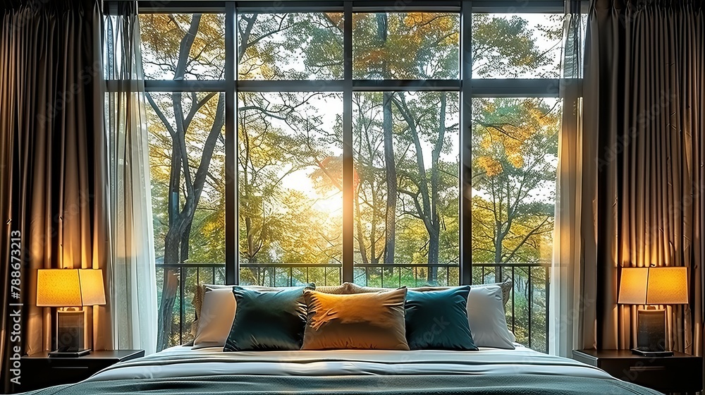 Poster a bed facing a large window, framing a view of trees outside and sun's rays shining within