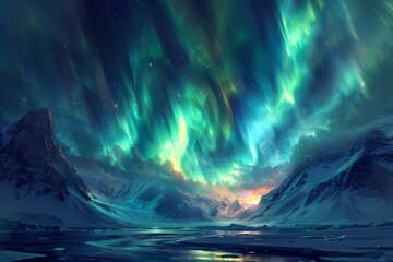 Vivid northern lights cascade over icy peaks