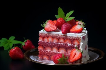 Fragrant Soft cake decorated with strawberries. Bakery delicious sugary tart dessert. Generate ai