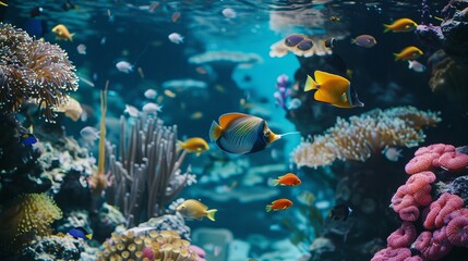 Naklejka na ściany i meble Underwater Diving - Tropical Scene With Sea Life In The Reef