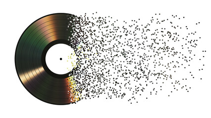 Iridescent vinyl disk crumbles into pixels. 3d illustration. - 788673478