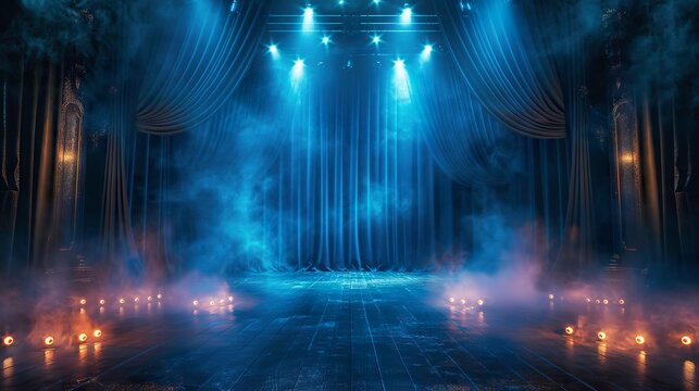 Stage curtain ray spotlight theatre entertainment, majestic theatrical drapes and spotlights in smoky ambiance for drama, stage curtain ray spotlight theatre entertainment