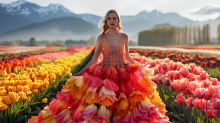 Fototapeta premium woman wearing a dress made of tulips in a tulip field