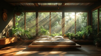   A bed sits in a bedroom next to a sunlit window teeming with lush plants