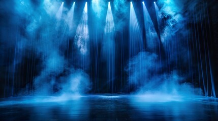 Stage curtain ray spotlight theatre entertainment, ethereal blue curtains with dramatic lighting, ideal for arts performance, stage curtain ray spotlight theatre entertainment