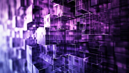 A digital background with an array of overlapping squares in shades of dark purple and light blue, creating the illusion that they form a threedimensional structure Generative AI