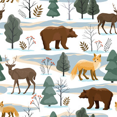 Seamless pattern with animals bear fox deer on winter forest background. Vector illustration