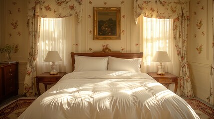   A bed adorned with a white comforter, flanked by lamps on each side, and a painting gracing the wall