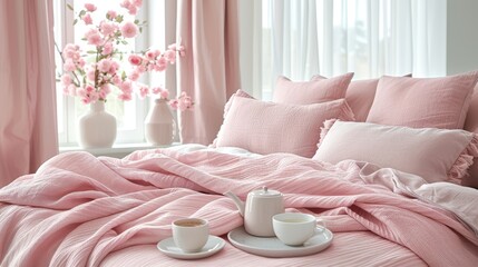   A bed adorned with a pink comforter, two cups of coffee on a nearby table, and a vase filled with pink flowers