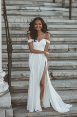 Fototapeta premium A romantic and classic wedding dress with long sleeves, off-the-shoulder neckline, fitted waist silhouette