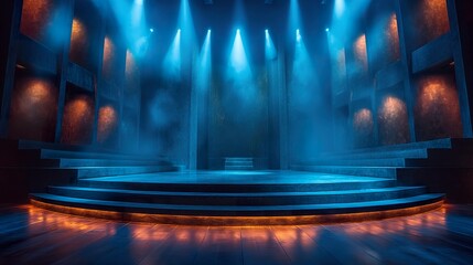 Blue stage curtain with spotlights. scene, stage light with colored spotlights and smoke. Stage on the dark floor with lights on the perimeter. theater stage Art concept