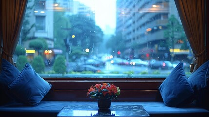   A vase of flowers rests on a table by a window overlooking a bustling city street - obrazy, fototapety, plakaty