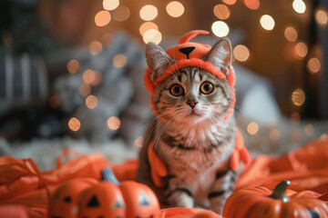 A cat wearing a black and orange Halloween hat. The cat is looking at the camera with a curious expression.