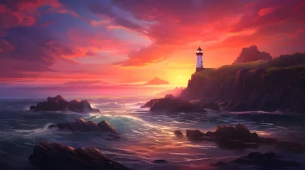 Foto auf Acrylglas Coastal Landscape with a Lighthouse and Sunset   Created with Generative AI  © Uzair