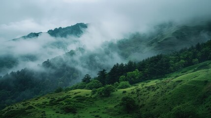 Green mountain landscape in the clouds on an overcast day