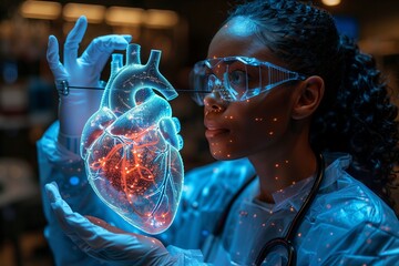 Medical expert analyzing a futuristic heart model