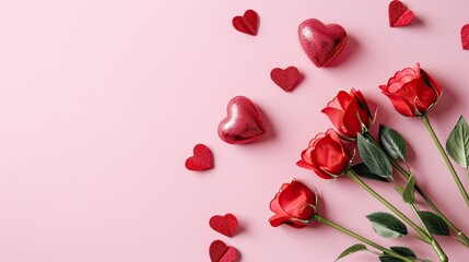 A Valentine s Day themed flat lay featuring red hearts against a pink backdrop sets the perfect romantic scene