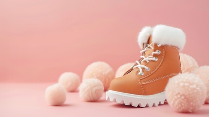 Leather warm baby boots with fluffy balls on light pink floor background